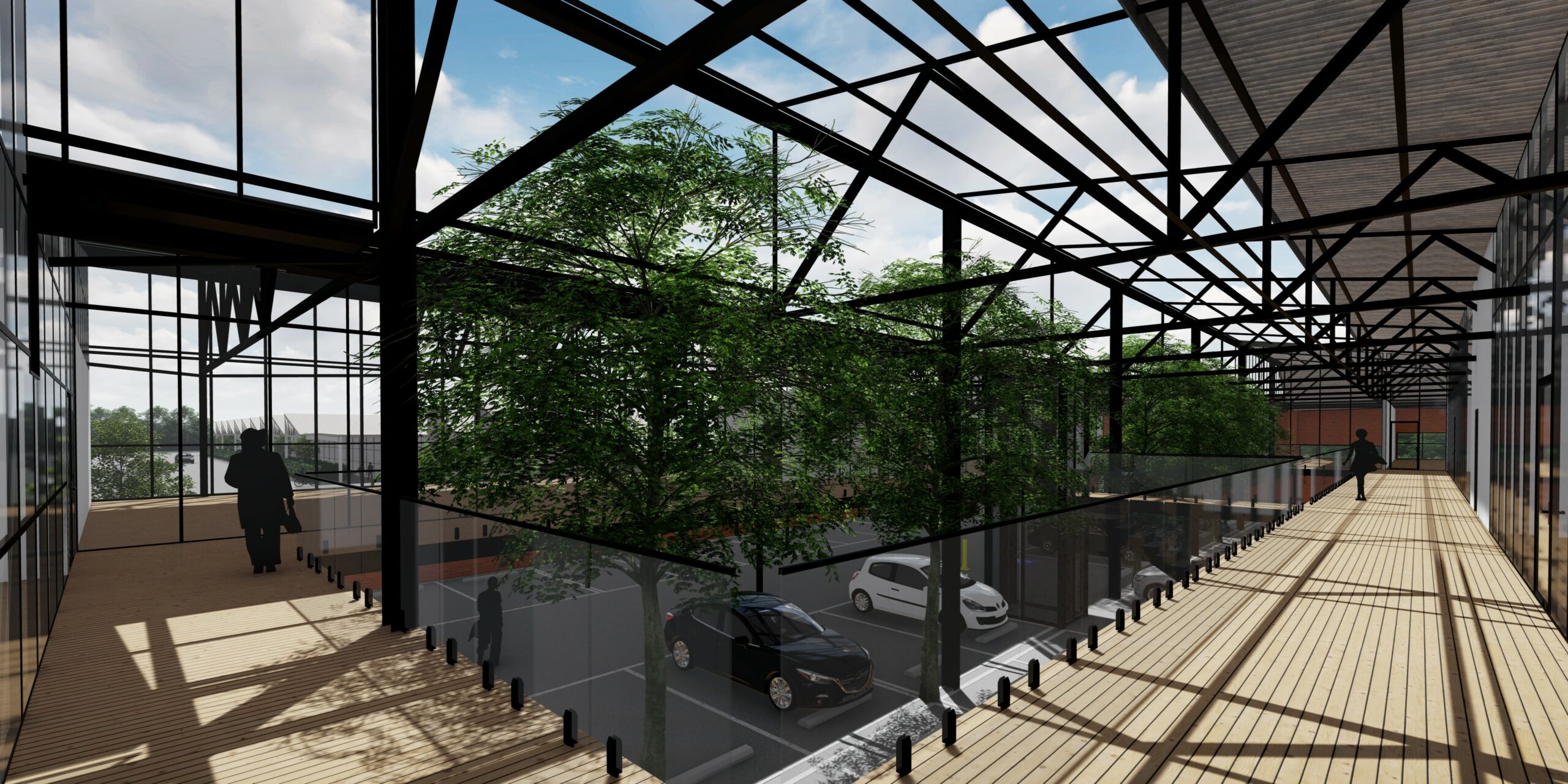 Mezzanine floor view out to carpark, exposed trusses above and glass balustrade lining the edge, three trees grow up in the centre, Designed and constructed by Hamilton Group Geelong at Hendersons