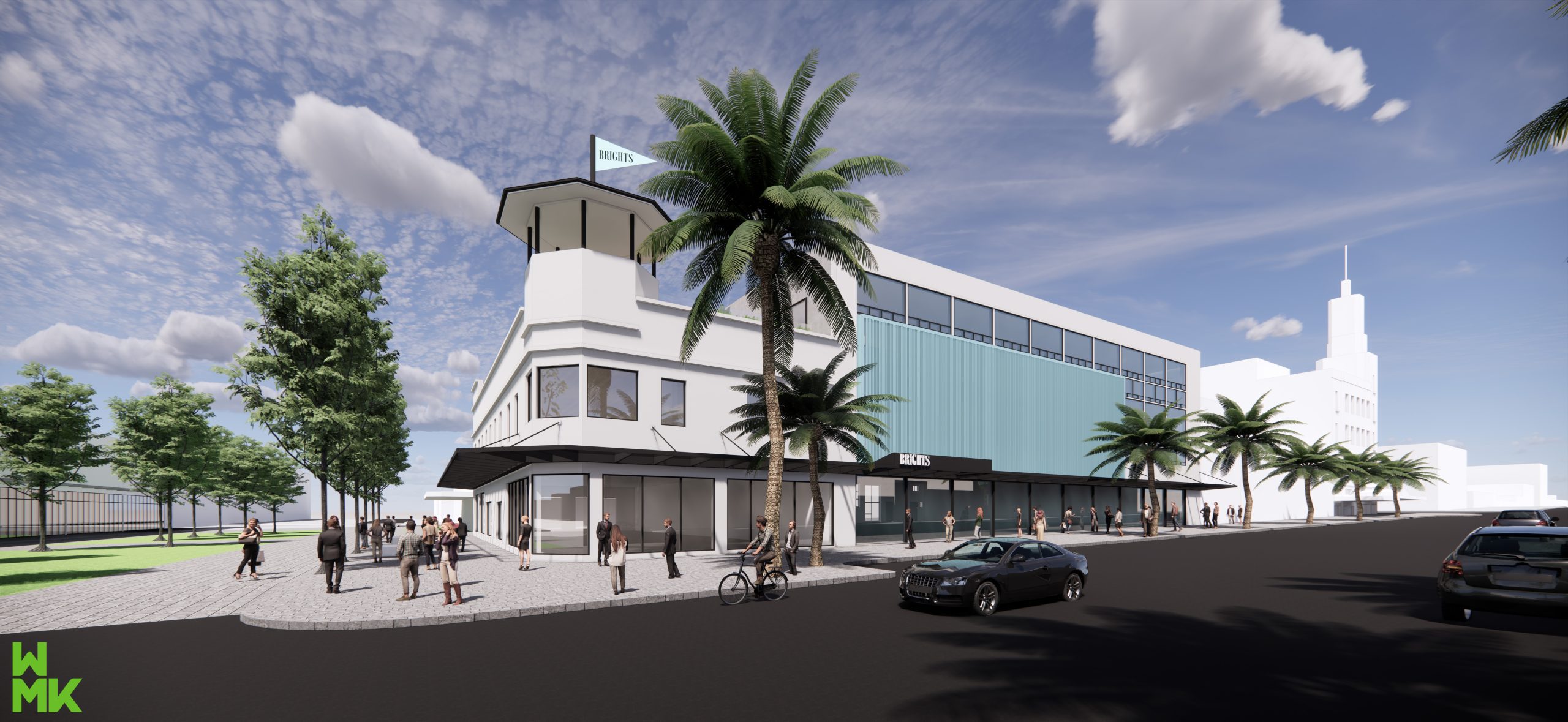 Large white and blue corner building, long glass windows at street level with an awning over-head, street running in front of the building has a man on a bike and a black car driving past, a palm tree stands tall in front of the building. Bright & hitchcocks idea by Hamilton Property Group