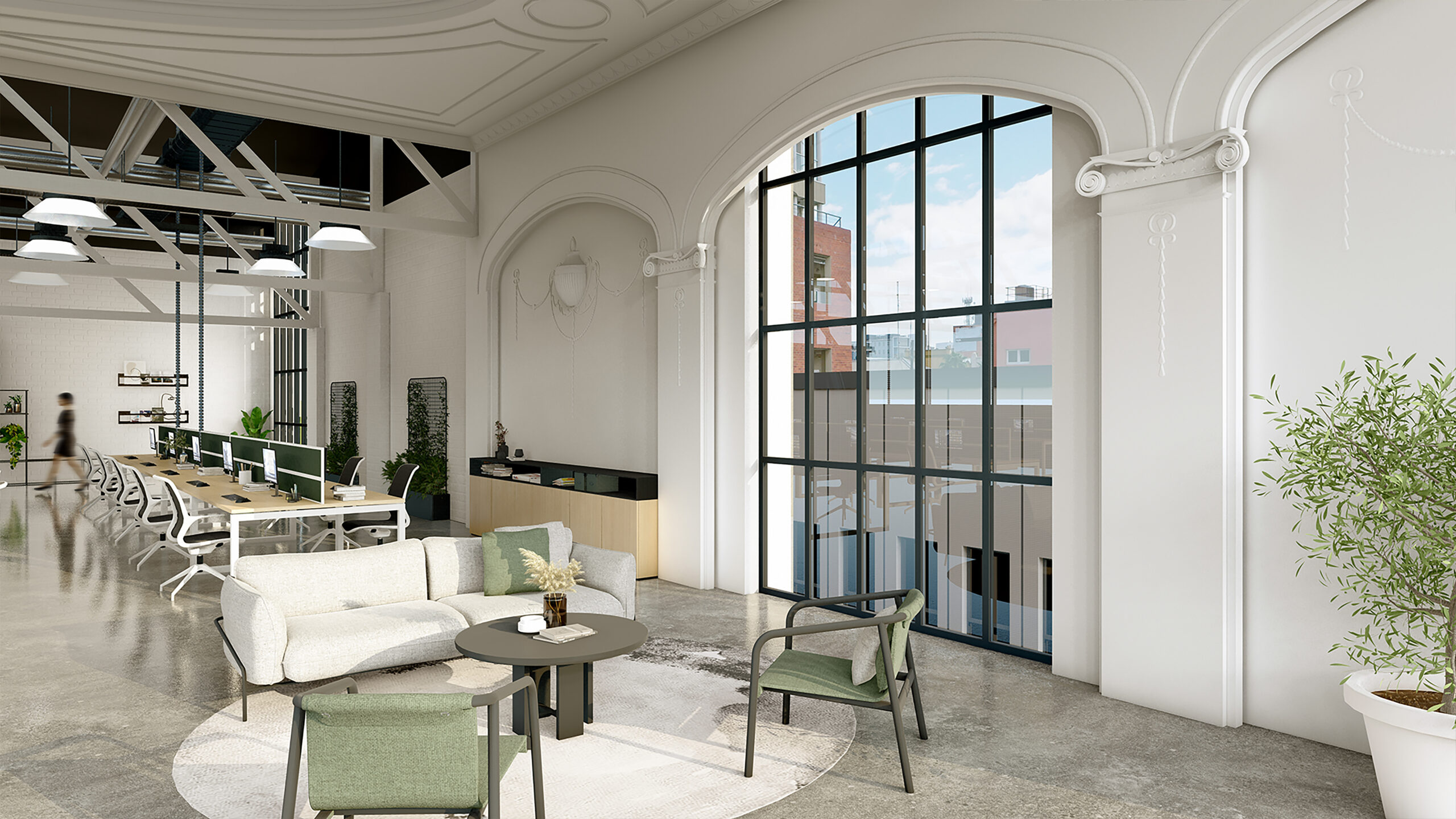 Internal view of large office space, polished concrete floors, modern furniture and a line of desks with computers in the background with exposed trusses above, Hamilton Opportunities