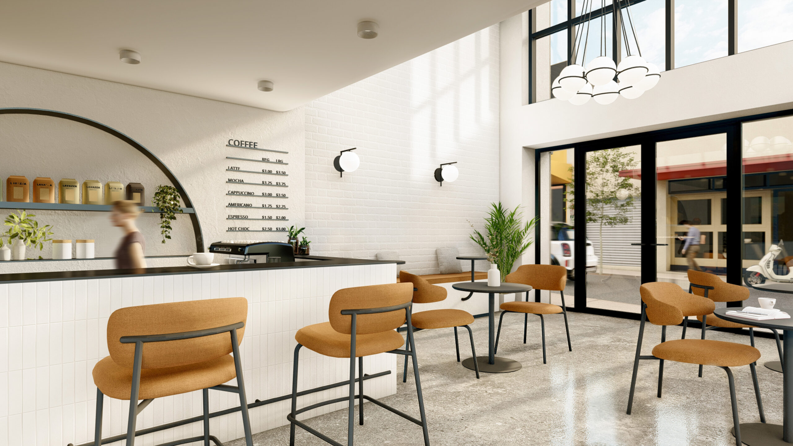 Architects render of cafe, polished concrete floors with black tables spread throughout, tan chairs fill the room. Large windows and doors allow sun to enter the room from the front. Coffee bar to the left with person working, Concept by Hamilton Clark