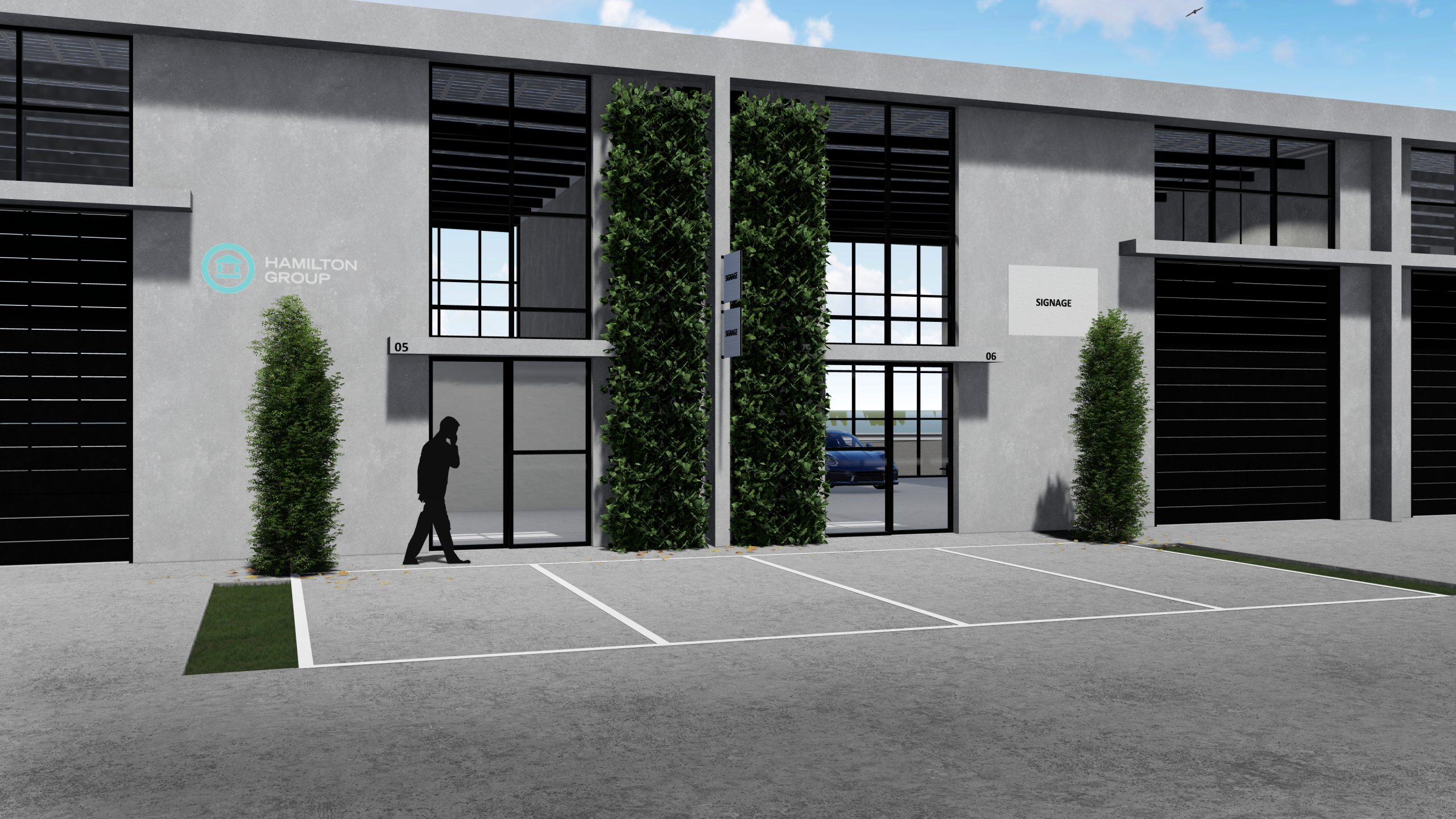 Modern office building with large glass windows, green vertical landscaping, and people walking in the parking lot under a clear blue sky. Redevelopment concept by Hamilton Group Geelong.
