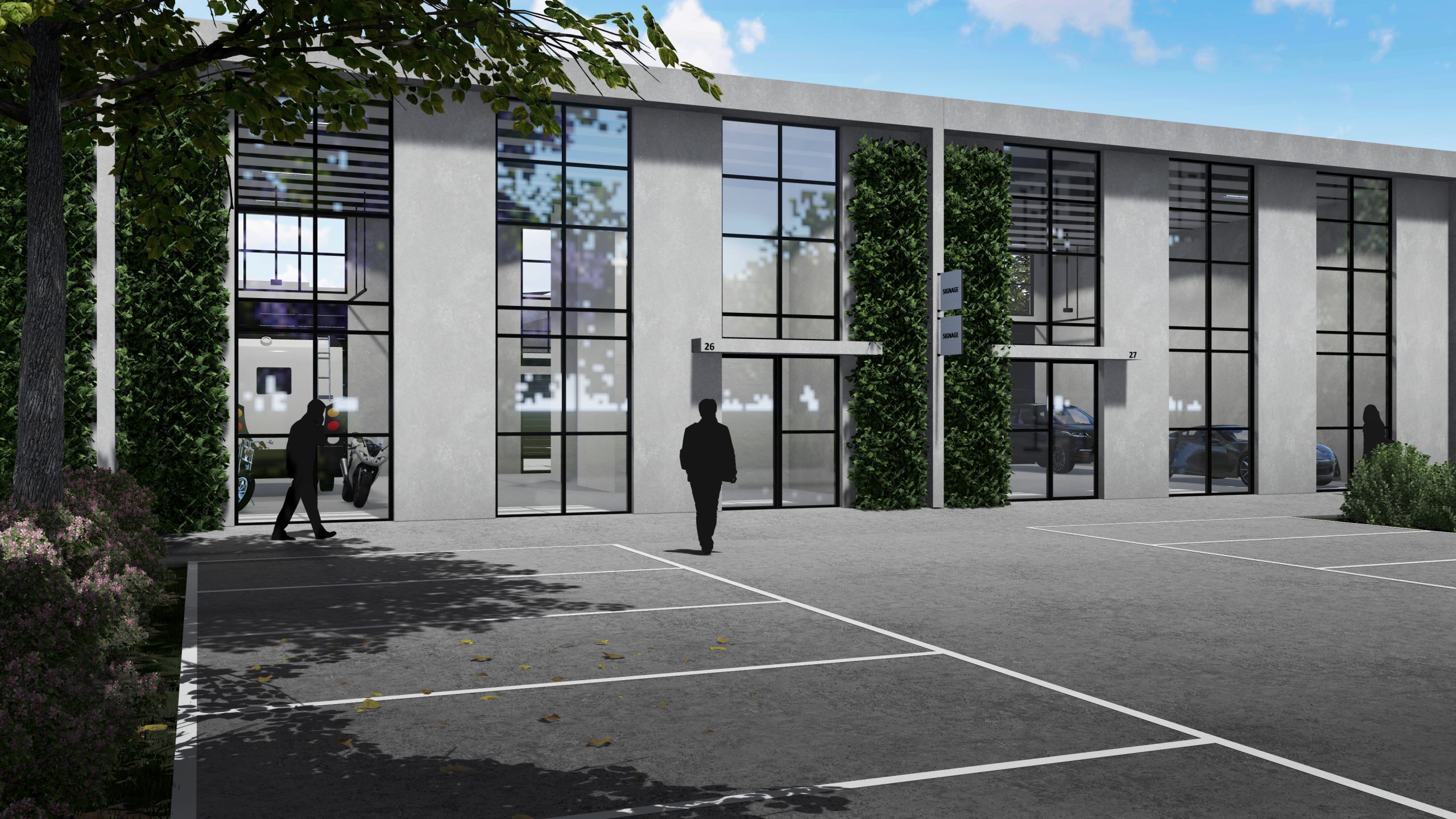 Modern office building with large glass windows, green vertical landscaping, and people walking in the parking lot under a clear blue sky. Redevelopment concept by Hamilton Group Geelong.