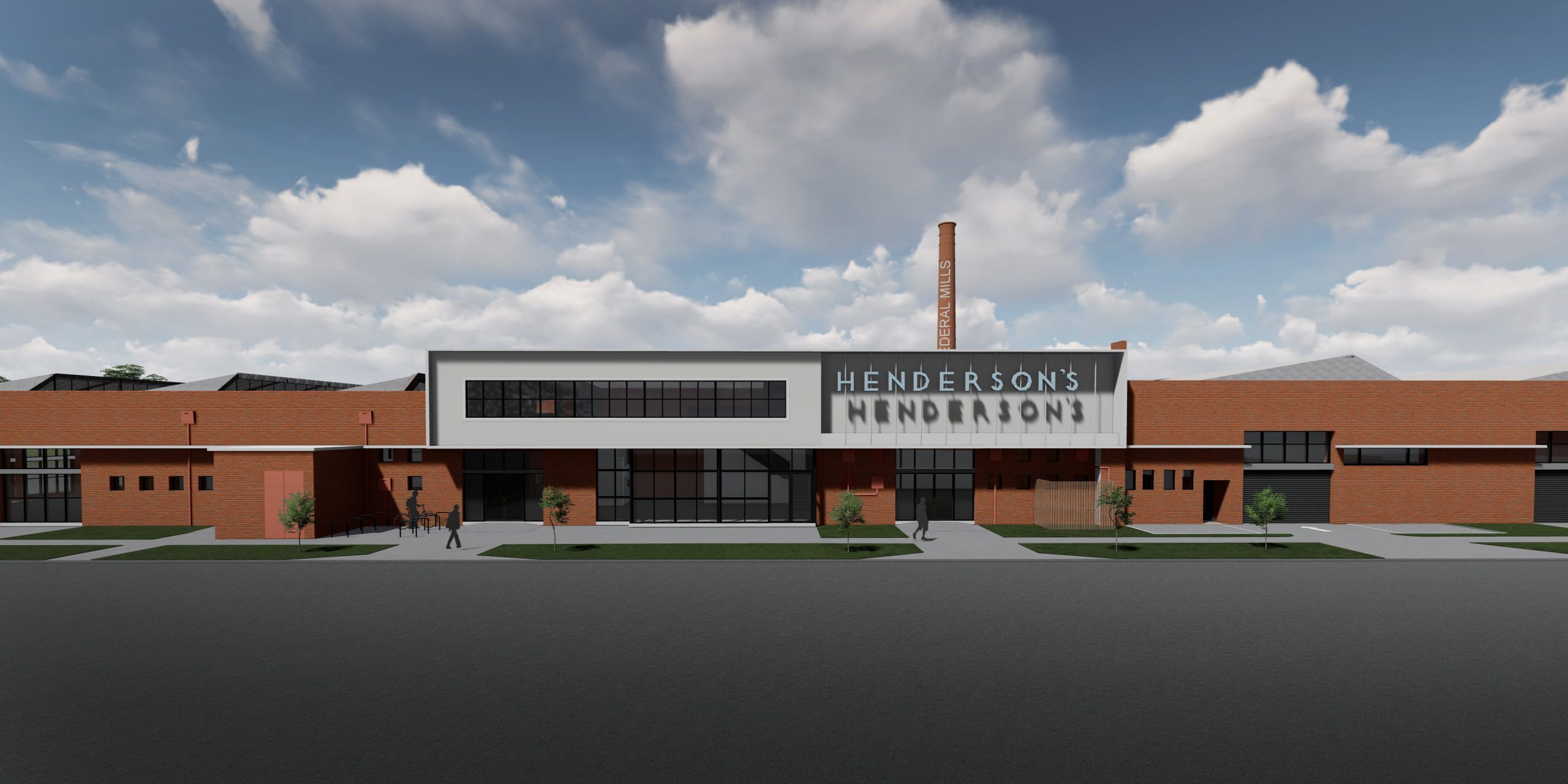 A modern redevelopment of Hendersons, featuring a sleek glass entrance, bold signage, and red brick exterior. The updated facade blends heritage architecture with contemporary design, creating a vibrant commercial space.