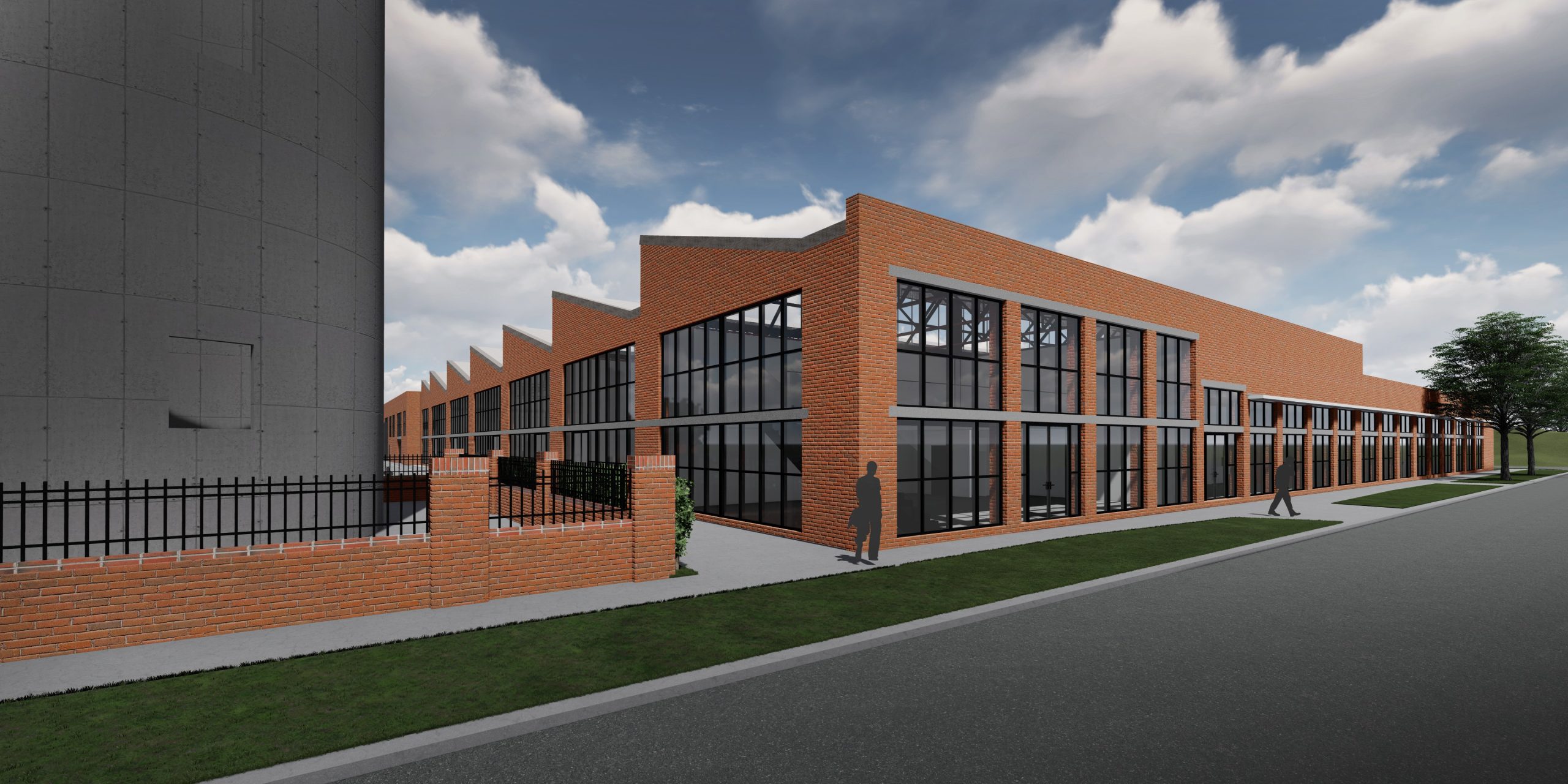 Artist concept of the future development of Hendersons business precinct, it has large red brick walls, floor to roof T-bar windows and a saw tooth roof, works completed by Hamilton Group construction