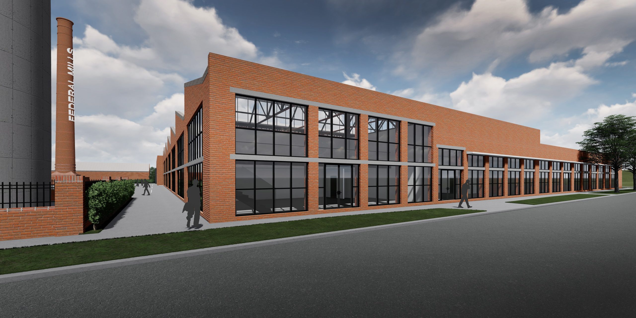 Artist concept of the future development of Hendersons business precinct, it has large red brick walls, floor to roof T-bar windows and tress filling the front area, works completed by Hamilton Group construction
