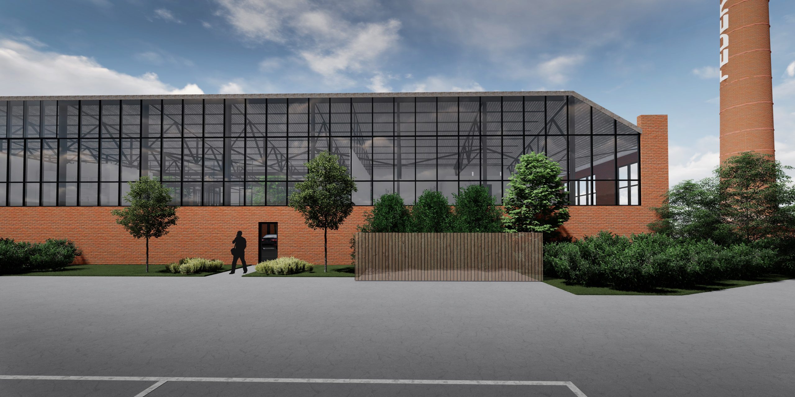 Artist concept of the future development of Hendersons business precinct, it has large red brick walls, floor to roof T-bar windows and tress filling the front area, works completed by Hamilton Group construction