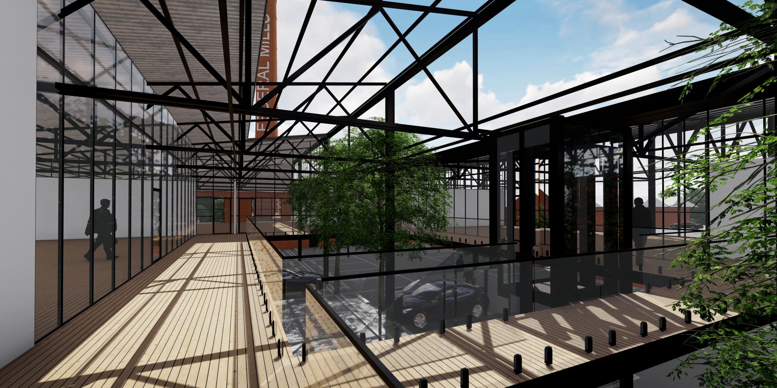 Artist render of the up and coming hendersons business precinct, steel beams run from floor to roof, a boardwalk runs the perimeter of the complex and trees fill the open spaces, construction to be completed by Hamilton Group Geelong