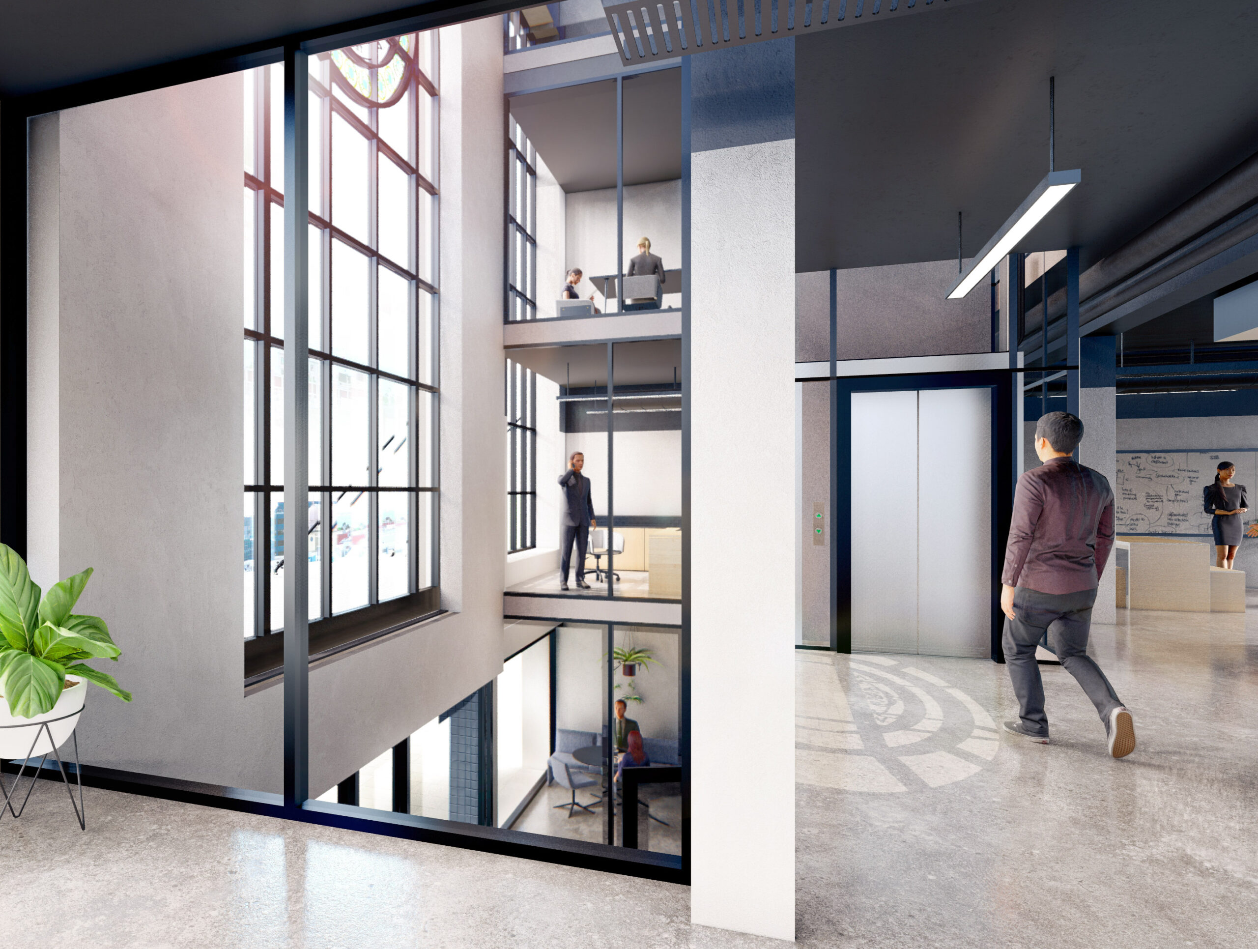 Artists concept design of the internal view of regent theatre, multi story setup, an elevator on the right and large floor to ceiling window on the left. People working on each of the floors, Constructed by Hamilton group Geelong