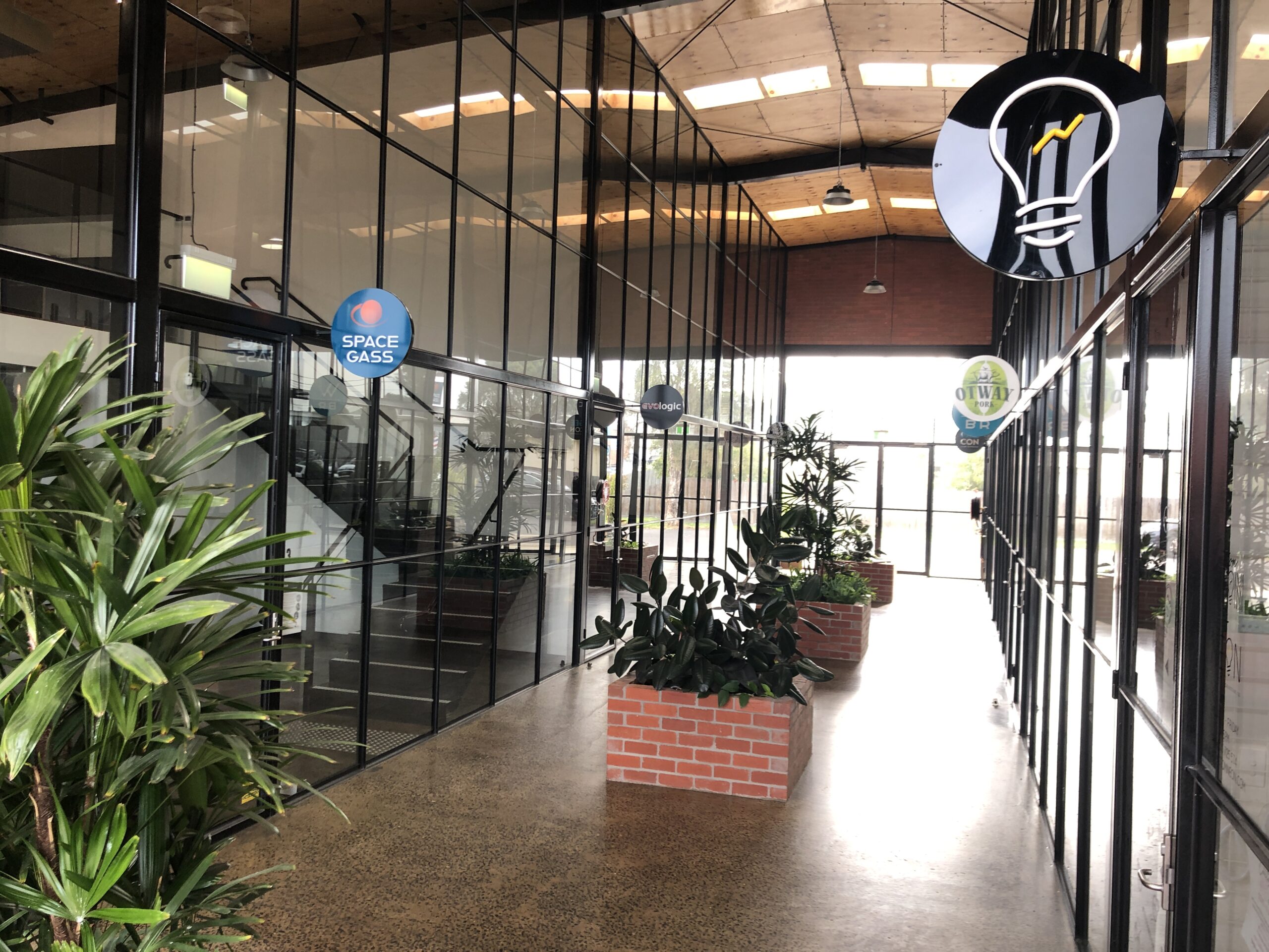 ALT: Large industrial shed converted into individual tenancies using floor to ceiling tbar windows and doors, polished concrete floors, three red brick planter boxes filled with plants, Hamilton Group Geelong