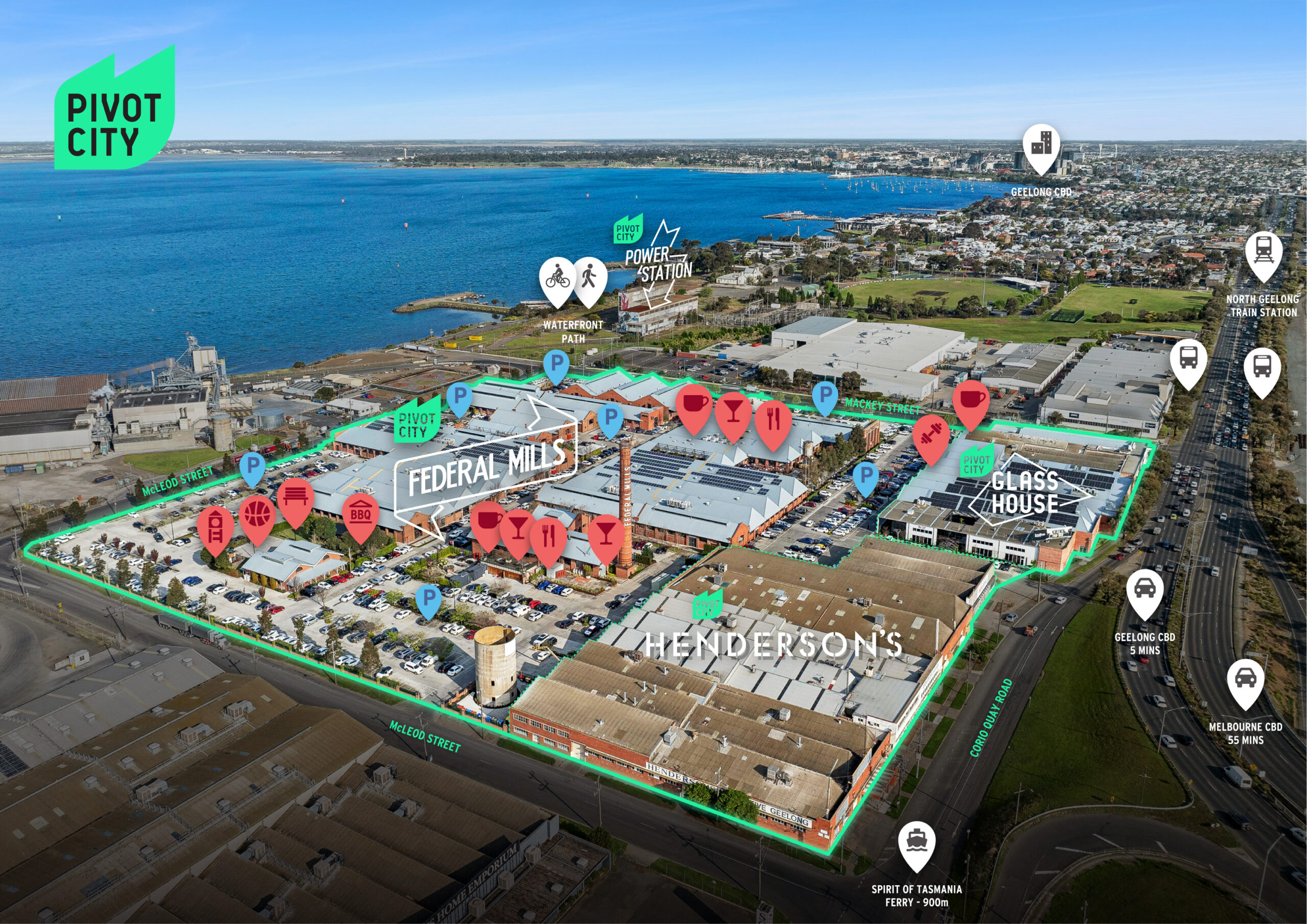 Drone Overview of Pivot CIty in North Geelong from Drone Vantage Above looking towards Corio Bay with Geelong CBD in the background and Hendersons in the foreground. Labels have been added to the visual.