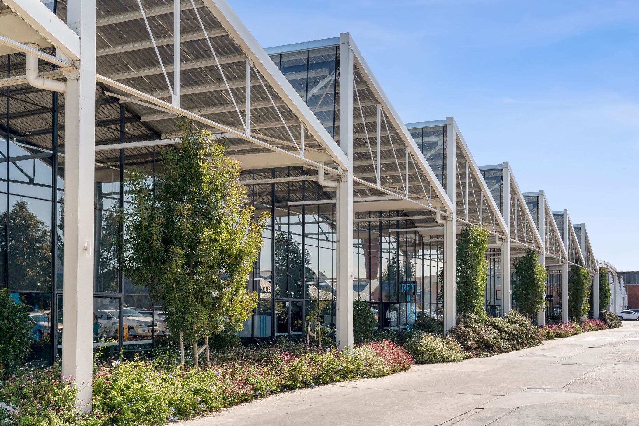 Long white roof held up by white beams, Black t-bar windows run the length of the building, lush green plants and flowers are scattered across the scene, Hamilton Group Geelong