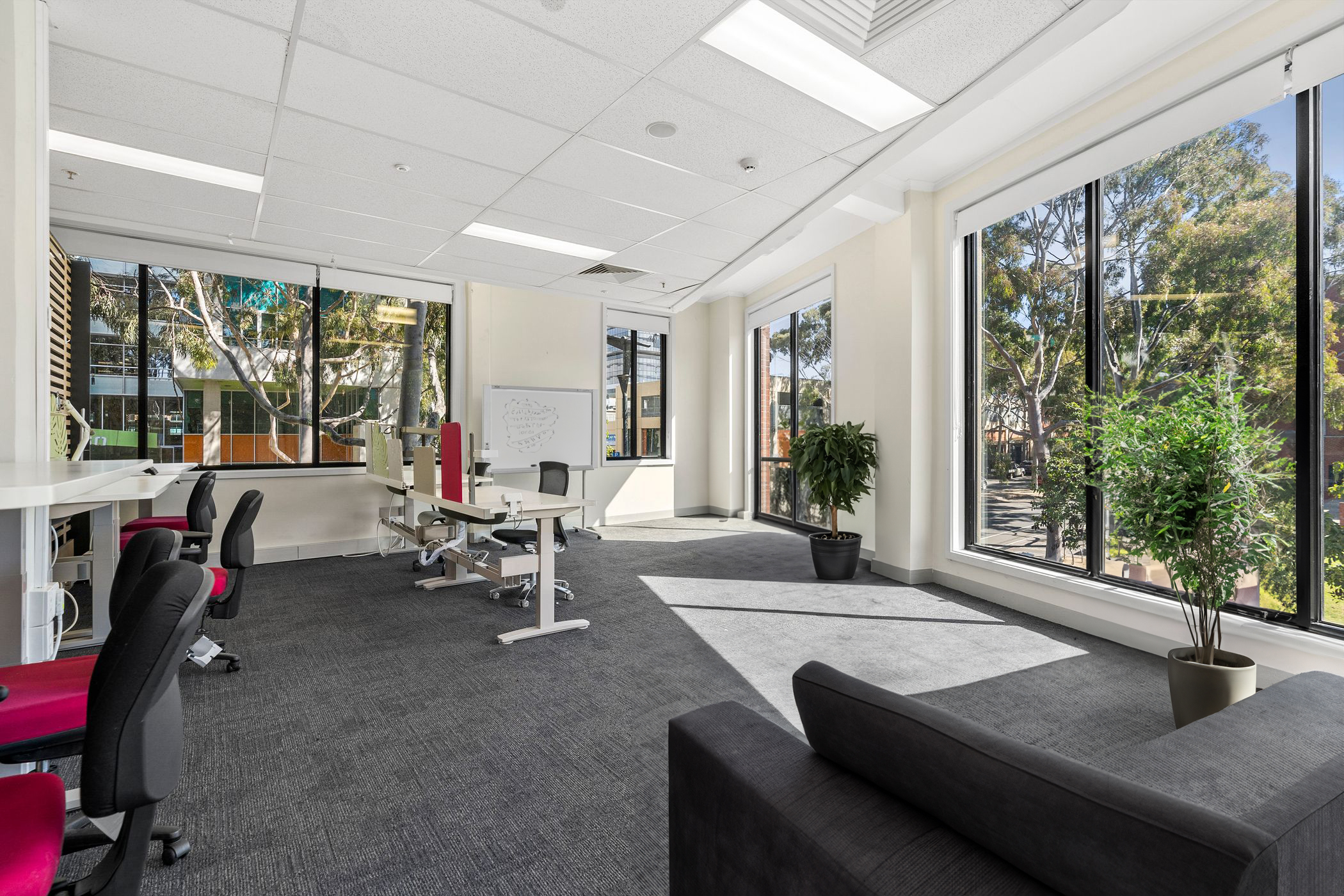 A spacious, modern office with large windows providing ample natural light and views of trees and surrounding buildings. The room features adjustable-height desks with ergonomic chairs, a whiteboard, and a seating area with a black couch. Potted plants add greenery, while the neutral colour scheme and red chair accents create a professional yet inviting workspace.
