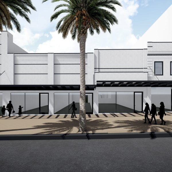 Row of white tenancies along a street, long awning runs the length of the building, three tall palm trees run along along the street side, multiple people are walking along the street side, cloudy blue skies above, Hamilton Group Geelong's Bright & Hitchcocks building