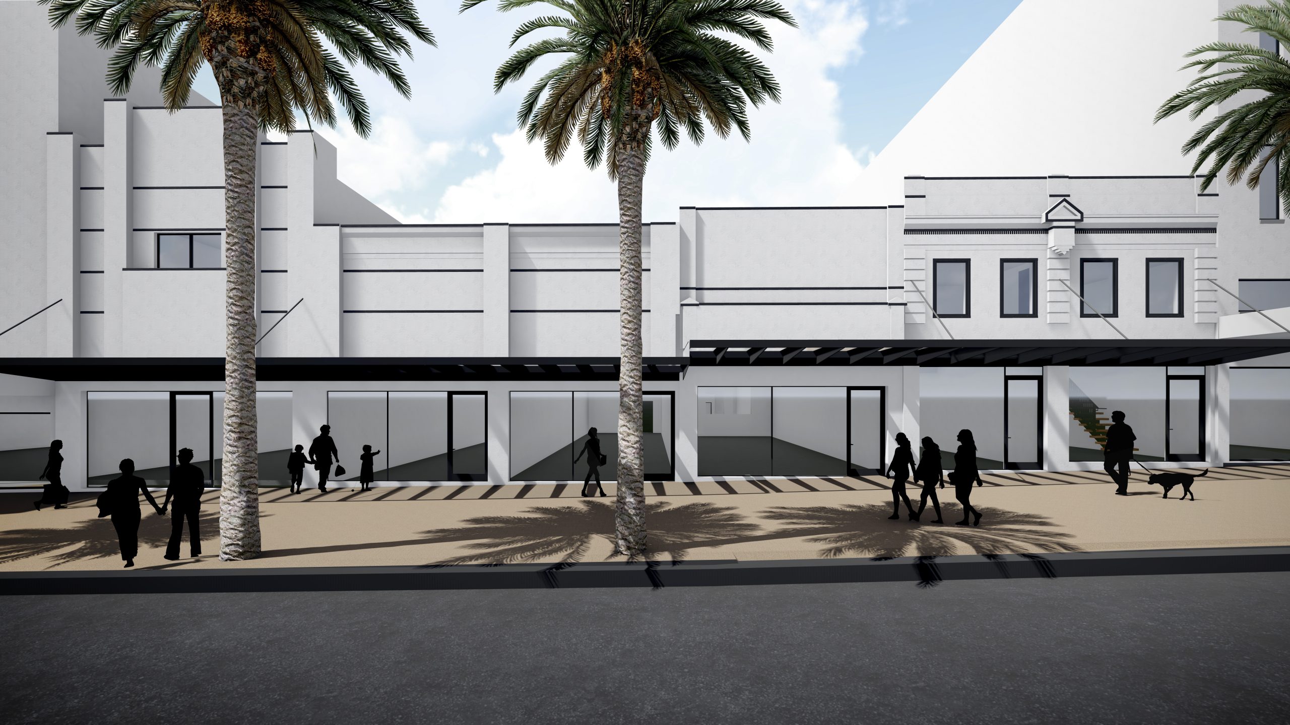Row of white tenancies along a street, long awning runs the length of the building, three tall palm trees run along along the street side, multiple people are walking along the street side, cloudy blue skies above, Hamilton Group Geelong's Bright & Hitchcocks building