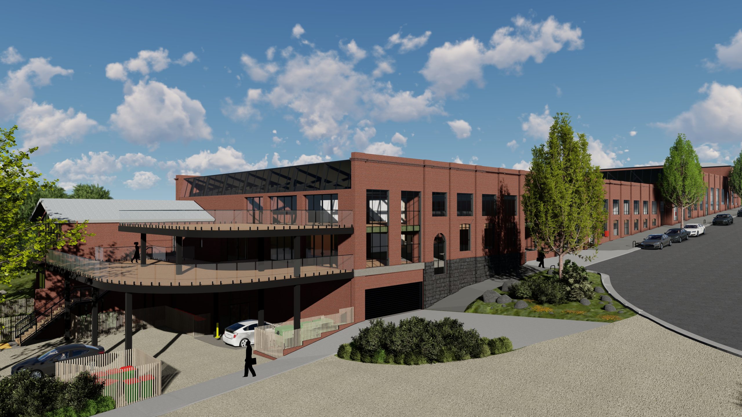Architectural rendering of a redeveloped red-brick industrial building with large arched windows, modern balconies, landscaped surrounds, and street parking, part of a heritage adaptive reuse project in Geelong, Pegasus building owned and renovated by Hamilton group Geelong