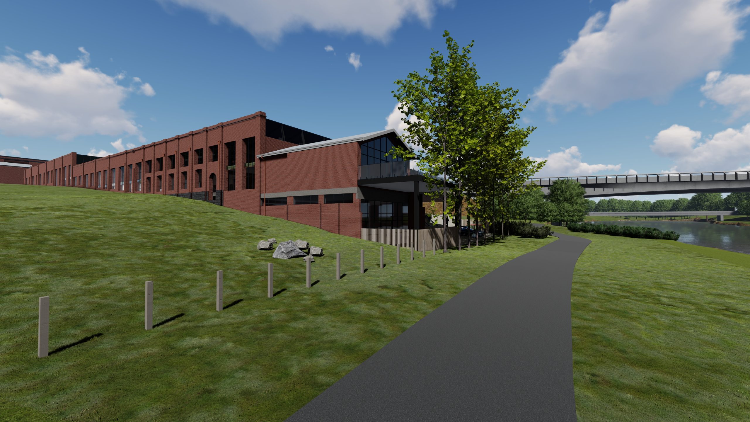 Rendering of a renovated red-brick industrial building beside a riverside walking path, showing modern architectural elements like large windows, landscaped greenery, and nearby pedestrian bridge under a blue sky. Pegasus Building ideas by Hamilton Property Group