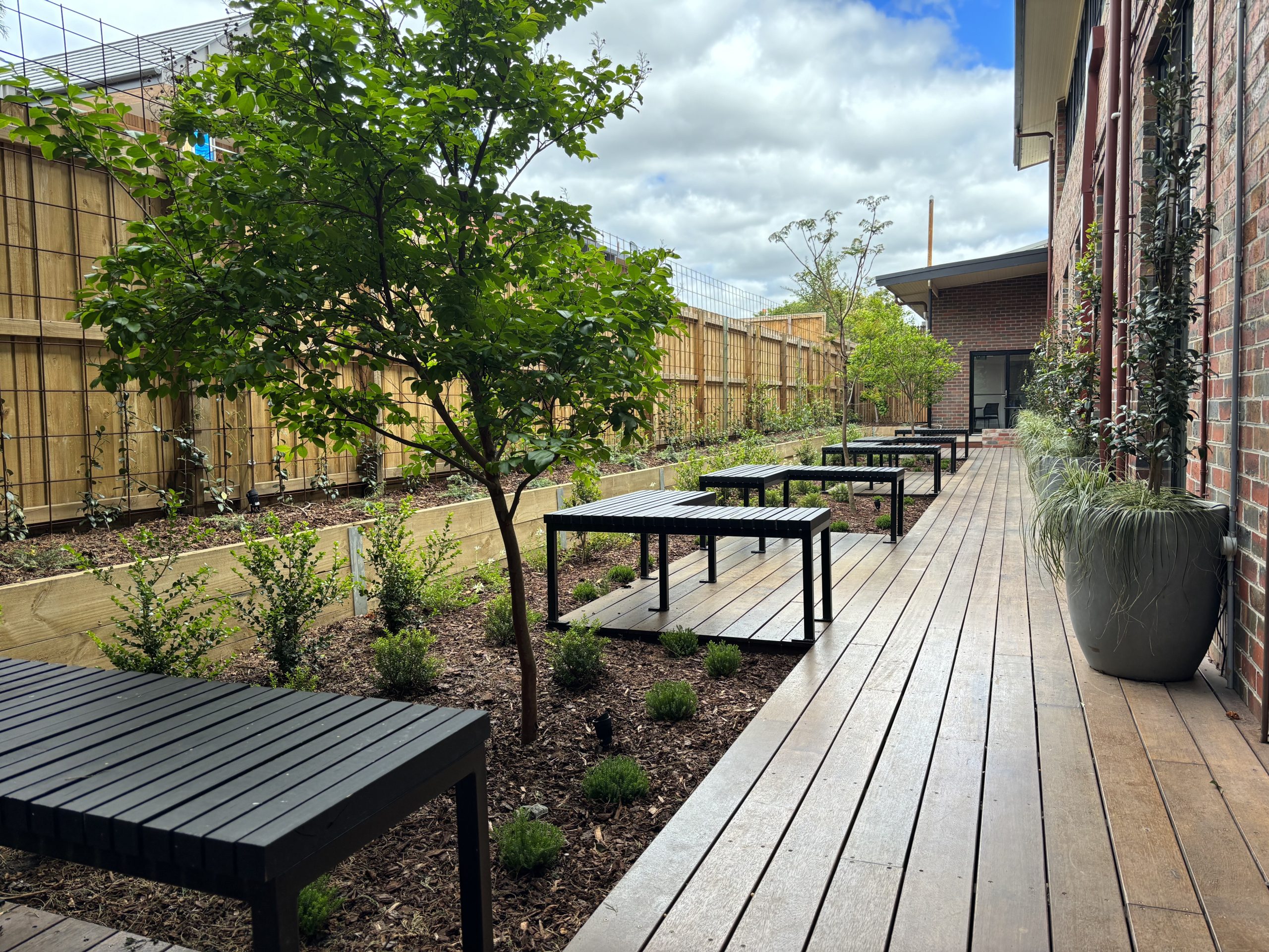 265 Pakington street rear garden shared area, it features a long deck that spans to the back of the building, L shaped chairs are spread across the area and small trees fill the space, a retaining wall to the left side is holding up the side fence, Hamilton Group Geelong
