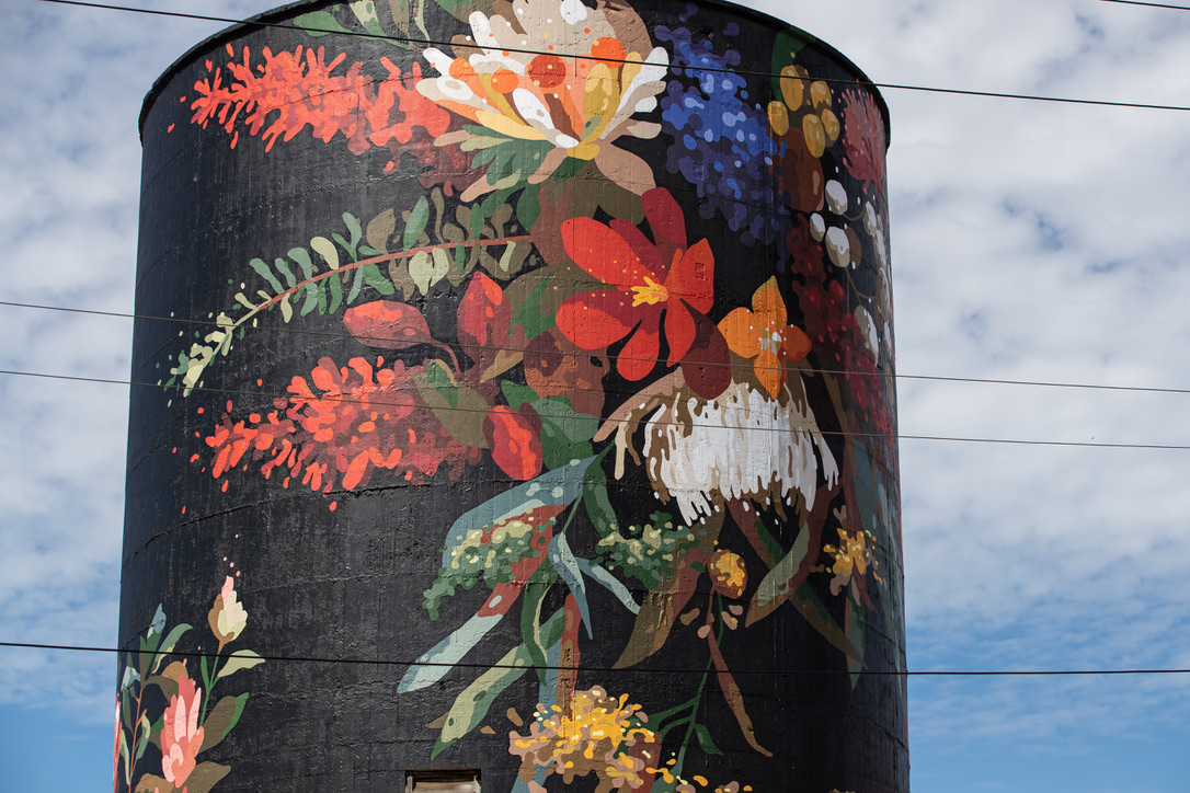 Painted silo at Pivot City Business district with a vibrant floral mural. The artwork features a variety of colourful flowers and leaves, painted in a bold, stylised manner that contrasts strikingly against the black background of the structure. Hamilton Group Geelong