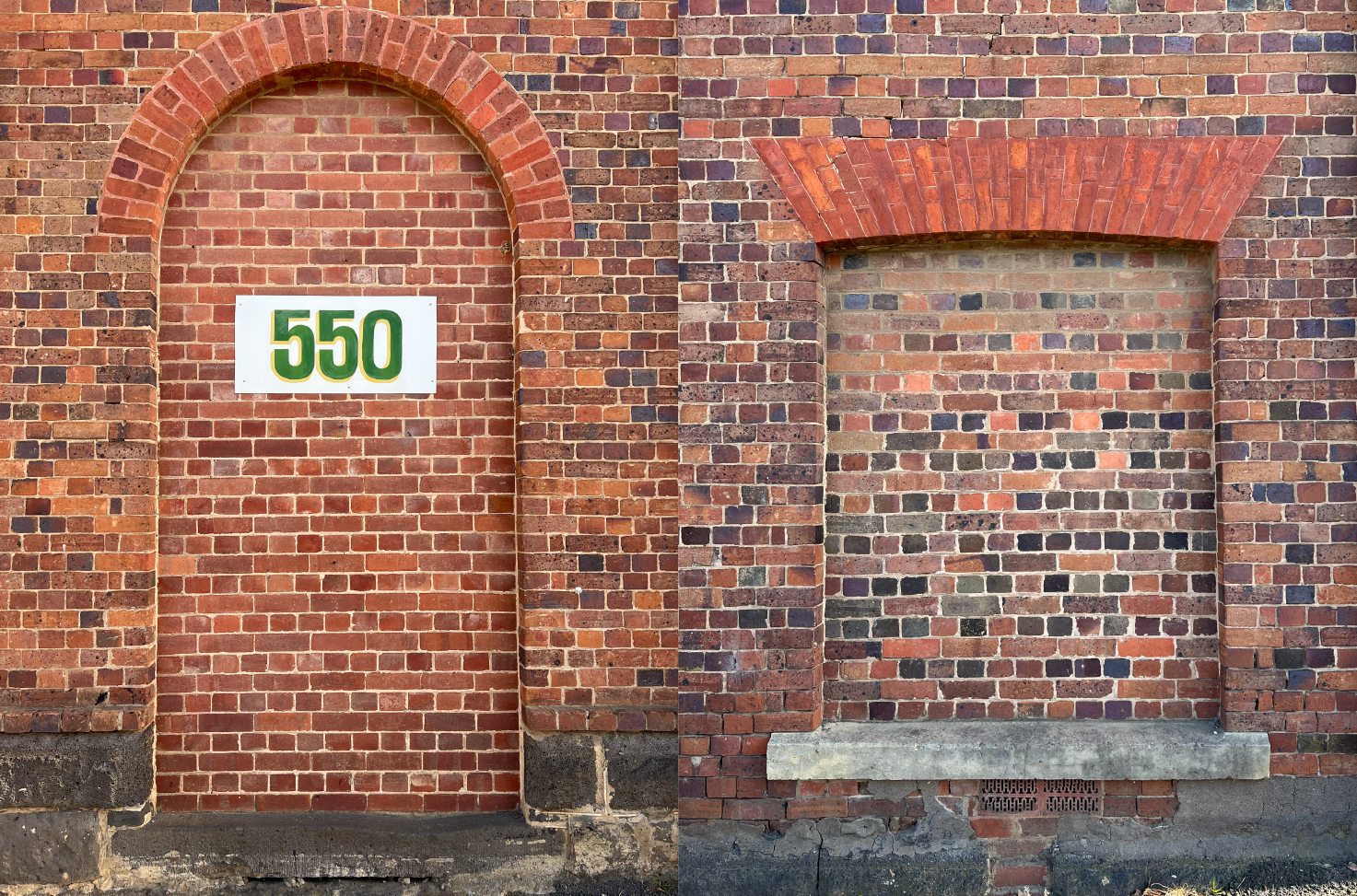 Side-by-side close-up of two bricked-in arched windows on a red-brick industrial building. The left arch includes a green and white "550" number sign, while the right arch features darker, weathered bricks with a partial concrete sill below. Pegasus building by Hamilton Property Group Geelong