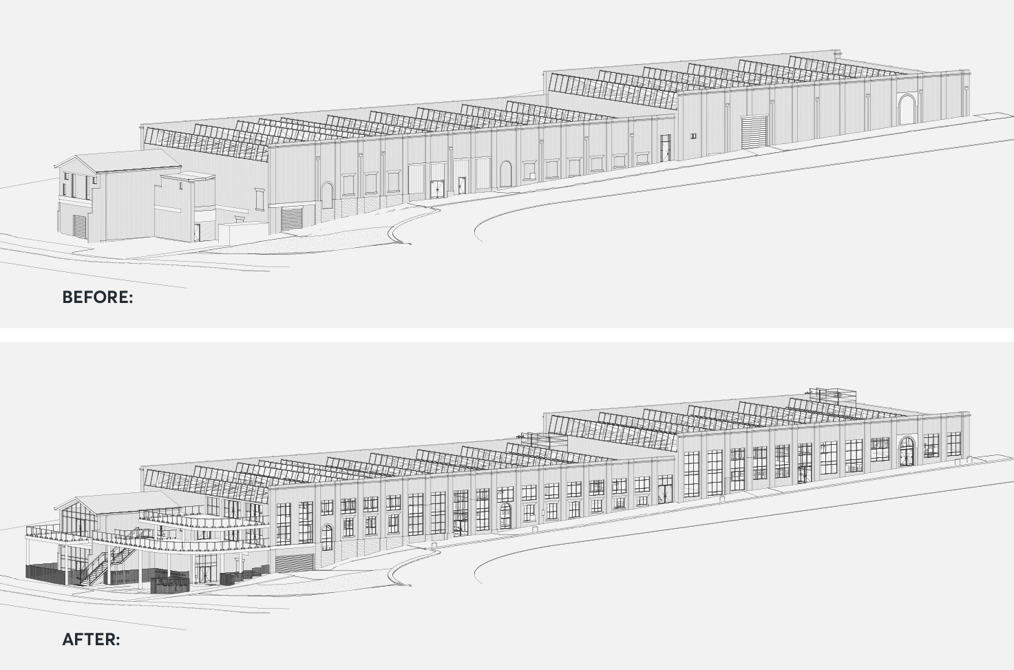 Architectural renovation of an industrial building: before and after transformation showing conversion of a plain warehouse into a modern mixed-use commercial space with large windows, outdoor seating, and enhanced facade design. Pegasus Building renovation plans by Hamilton Group Geelong