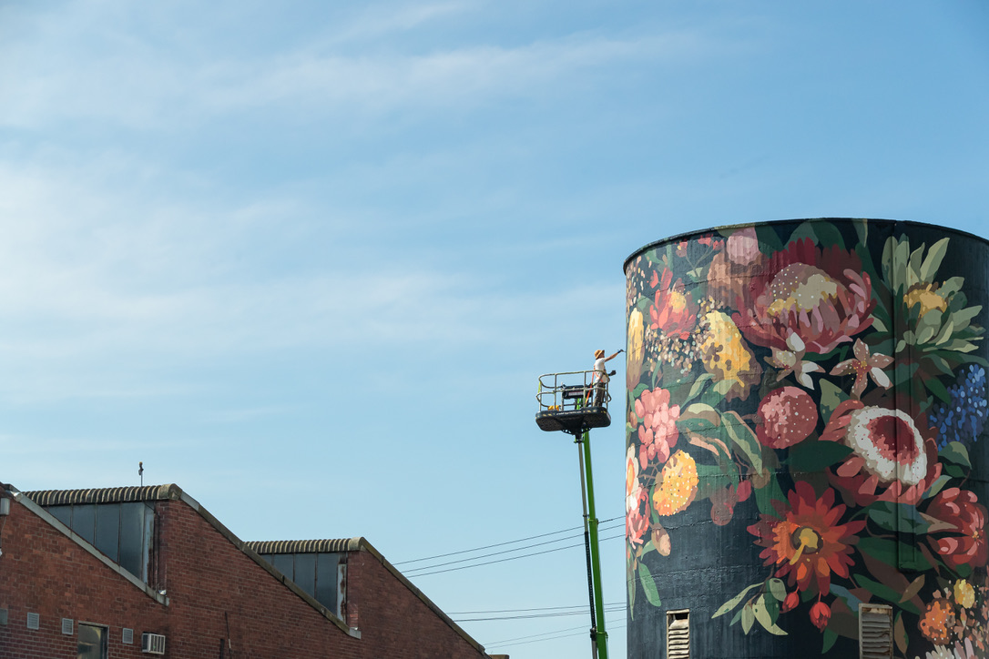 Sai Neah on a cherry picker paints a large floral mural on the silo, carefully adding detail to the vibrant flowers and foliage against the dark surface of the cylindrical structure. Hamilton Group Geelong